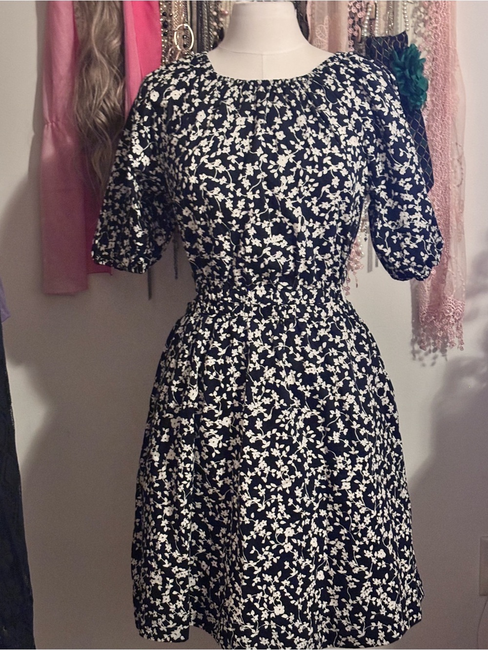 Old Navy Floral Puff-Sleeve Cutout Mini Dress Small Tall S Tall Black White